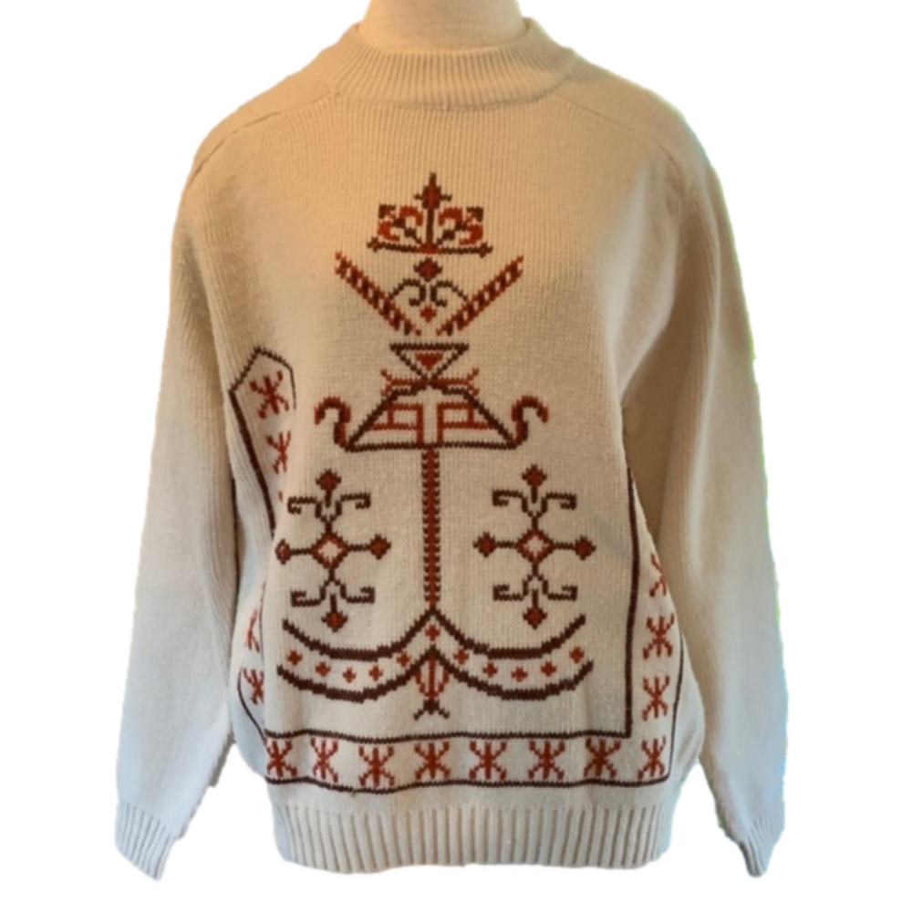 𝅺Vintage sz XL Kmart cream sweater with rust colored pattern